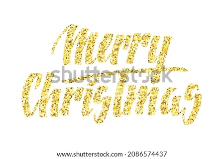 Merry christmas greetinig card with golden glitter lettering. Hand drawn text, gold calligraphy isolated over white background. Xmas holiday vector illustration.