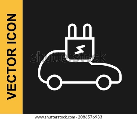 White line Electric car and electrical cable plug charging icon isolated on black background. Renewable eco technologies.  Vector