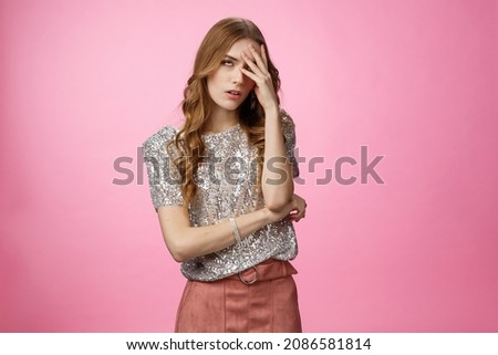 Pissed arrogant irritated snobbish rich european girl wearing stylish outfit roll eyes annoyed pissed, facepalming expressing disdain scorn, look snobbish irritated bothered hearing stupid talks Royalty-Free Stock Photo #2086581814