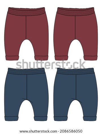 Red, Navy blue Color Cotton jersey sweatpants technical fashion flat sketch Drawing Vector Illustration template for kids. 