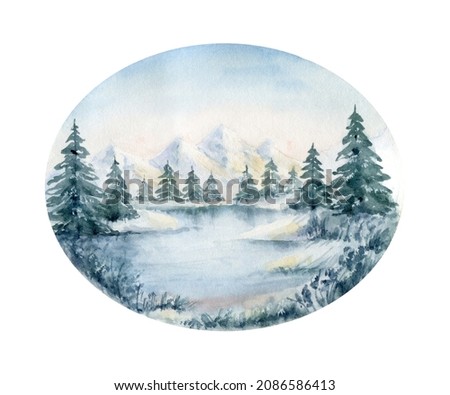 Watercolor winter landscape with lake, mountains and forest. Hand painted illustration for greeting floral cards and invitations isolated on white background.