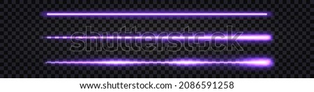 Purple neon sticks, laser beams with glowing light effect. Electric thunder bolt, fluorescent shiny ray lines isolated on transparent dark background. Vector illustration Royalty-Free Stock Photo #2086591258