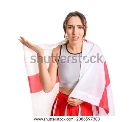 Displeased cheerleader with the flag of England on white background