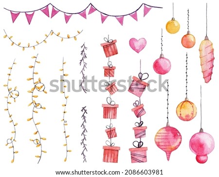 Set of watercolor hand painted Christmas themed clip art objects isolated on white background. Raster aquarelle illustrations pack. Fir tree decorations and garlands with fairy lights