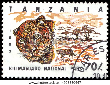 TANZANIA - CIRCA 1993: Stamp printed in Tanzania dedicated to Kilimanjaro national park, shows leopard, circa 1993