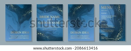 Modern watercolor background or elegant card design for birthday invite or wedding or menu with abstract blue ink waves and golden splashes.