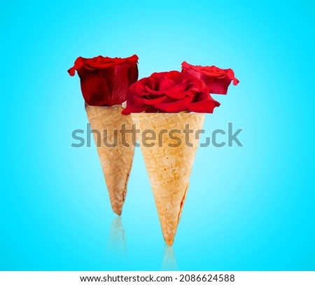 Contemporary art collage, Icecream filled with beautiful red roses on a light background.