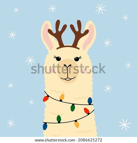 Cute llama in deer antlers, with lights. Funny character on blue background with snowflakes. Concept for Christmas card, invitation.