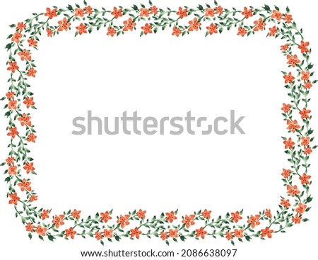Watercolor vector drawing of decorative frame from abstract blooming twigs with red flowers and green leaves