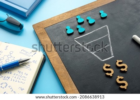 Marketing sales funnel on the blackboard and figurines. Royalty-Free Stock Photo #2086638913