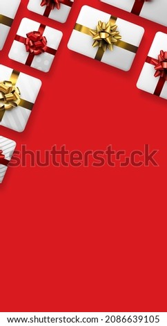 White gift boxes with red and golden bows. Christmas, birthday, wedding, Valentine's day present. Red background. Space for text. Vector top view illustration.
