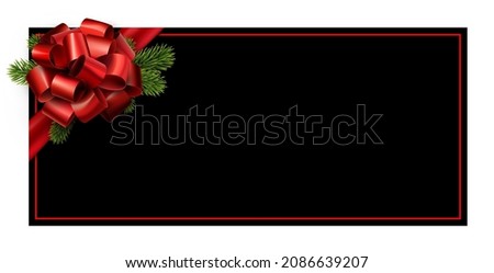 Red Christmas bow with fir branches. Red frame, black background. Space for text. Vector illustration.