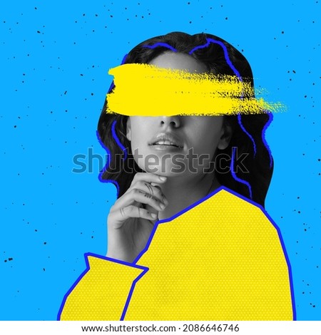 Modern design. Contemporary art collage of young woman with yellow drawn line instead eyes posing isolated blue background. Concept of fashion, art, creativity, femininity. Copy space for ad