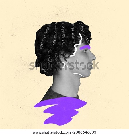 Modern design. Contemporary art collage of young boy with drawn elements isolated over yellow background. Side view. Concept of fashion, art, creativity, youth, lifestyle. Copy space for ad