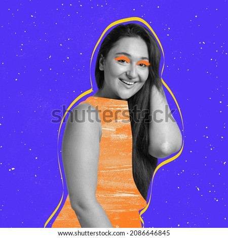 Contemporary art collage of beautiful young woman with drawn elements of cloth and makeup isolated over blue background. Concept of fashion, art, creativity, femininity. Copy space for ad