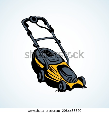 Modern handle grasscutter scythe device on white ground space for text. Freehand outline black ink hand drawn turf shear chore machinery object logo emblem pictogram design sketchy in art doodle style