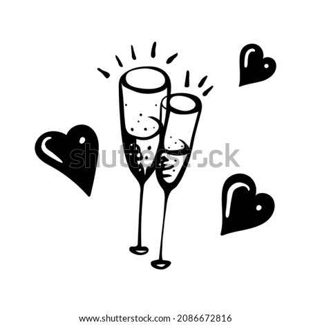 Cartoon drawing of two glasses of champagne decorated with hearts.