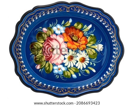 Old Blue decorative russian folk handpainted metal tray with floral color pattern on white. Use for interior design. Royalty-Free Stock Photo #2086693423