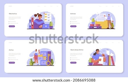 Archivist web banner or landing page set. Archive administrator managing and maintaining documents and other materials in company, museum or library. Information organizing. Flat vector illustration