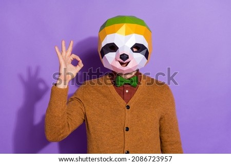 Photo of unusual mammal face person hand fingers show okey symbol isolated on purple color background