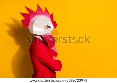 Profile photo of self-assured office assistant crossed hands wear chicken mask red tux isolated yellow color background