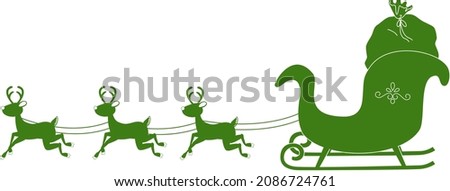 Design of a green Christmas sleigh, with 3 hennas and a bag of gifts