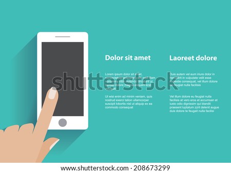 Hand touching blank screen of white smartphone. Using mobile smart phone similar to iphon, flat design concept. Eps 10 vector illustration