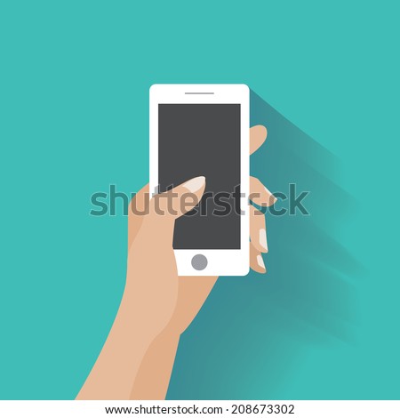 Hand holing white smartphone, touching blank screen. Using mobile smart phone similar to iphon, flat design concept. Eps 10 vector illustration Royalty-Free Stock Photo #208673302