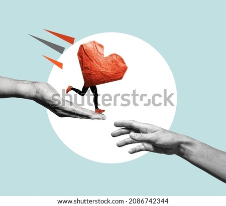 A hand that gives hope. A metaphor for help and charity. Contemporary art collage. Royalty-Free Stock Photo #2086742344