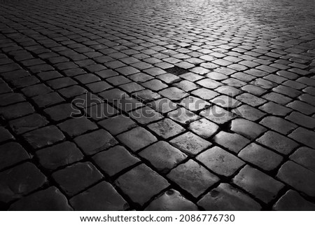 Stone paved street in black and white color with a lacking one