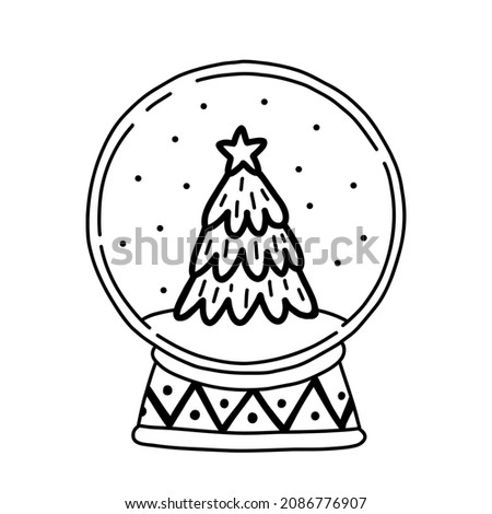 Vector doodle snow globe with Christmas tree isolated on white background.