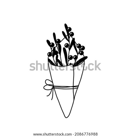 Vector doodle illustration of bouquet with ilex branches in craft wrapper with ribbon bow.
