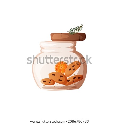 vector jar with delicious cookies and chocolate chips, dried orange slice and sprig of spruce