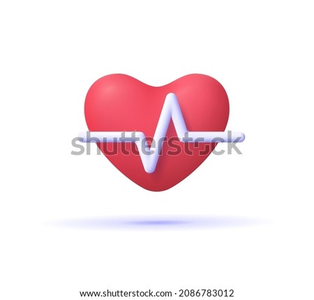 Red heart with white pulse line on white background. Heart pulse, heartbeat lone, cardiogram. Healthy lifestyle, cardiac assistance, pulse beat measure, medical healthcare concept. 3d vector icon.  Royalty-Free Stock Photo #2086783012