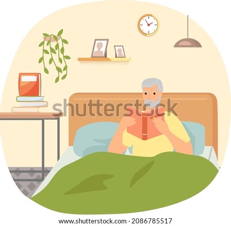 Cute man in pajamas reading literature on his bed comfortably. Book lover concept with young man lying relax on sofa and reading book. Concept of homeward and comfort. Person relaxes after work Royalty-Free Stock Photo #2086785517