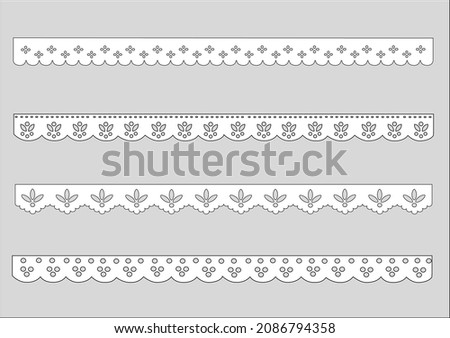 white cotton lace hand drawn design  vintage cotton lace eyelet trim embroidery flower floral seamless anglaise, decorative flower floral lace embroidery design vector Set of seamless lattice borders.