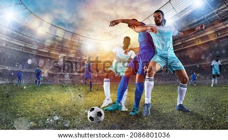 Football scene with competing soccer players at the stadium