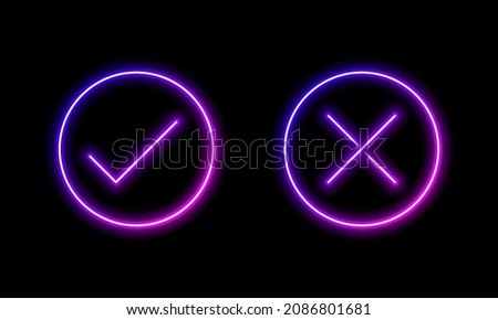 Check mark and cross mark in neon style. Retro signs with glowing neon. Vector illustration Royalty-Free Stock Photo #2086801681