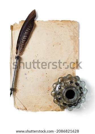 Old fountain pen, vintage inkwell and old paper blank sheet on white background. Royalty-Free Stock Photo #2086821628