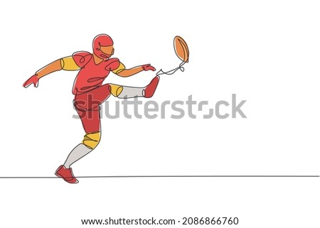 One single line drawing of energetic american football player kicking the ball hard at arena for league promotion. Sport competition concept. Modern continuous line draw design vector illustration