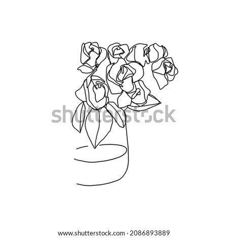 Hand-drawn linear vase with roses. Flower composition