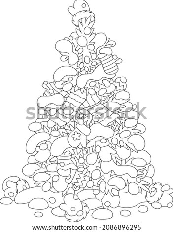 Snowy Christmas fir tree decorated with funny mittens of little kids, black and white outline vector cartoon illustration for a coloring book page