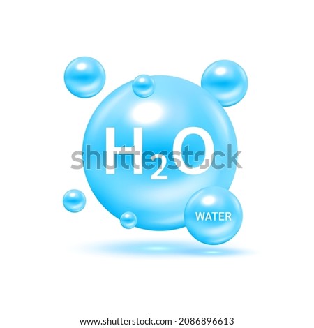 Water H2O molecule models blue and chemical formulas natural. For decoration oxygen cosmetics. Ecology and biochemistry concept. on white background. 3D Vector Illustration. Royalty-Free Stock Photo #2086896613