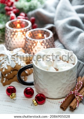 Christmas decorations,  cocoa and gingerbread cookies. White wooden background. 
