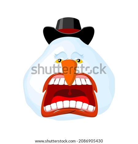 Crazy Snowman Shout and belt. Scary yelling. Open mouth and teeth.. Illustration for New Year and Christmas