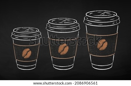Disposable takeaway paper coffee cups in three sizes isolated on black chalkboard background. Vector chalk drawn sideview grunge illustration.
