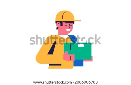 Happy courier delivering parcels. Delivery of parcels from a courier in uniform. Happy man with an order box in his hands. Flat vector illustration isolated on background