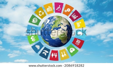 Sustainable society concept. Environmental technology. Sustainable development goals. SDGs. Elements of this image furnished by NASA. 3D rendering. Royalty-Free Stock Photo #2086918282