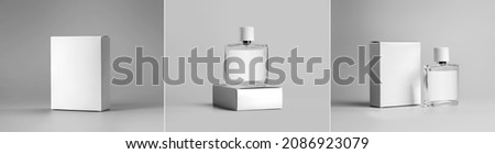 Mockup of a glass bottle for perfume, with a lid, with a white box, isolated on background. Set for advertising, design. Transparent vial template with fragrant liquid. Place for a logo, luxury brand Royalty-Free Stock Photo #2086923079