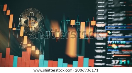 Chart shows a strong increase in the price of bitcoin. Investing in virtual assets. Investment platform with charts and bitcoin coin. Royalty-Free Stock Photo #2086936171
